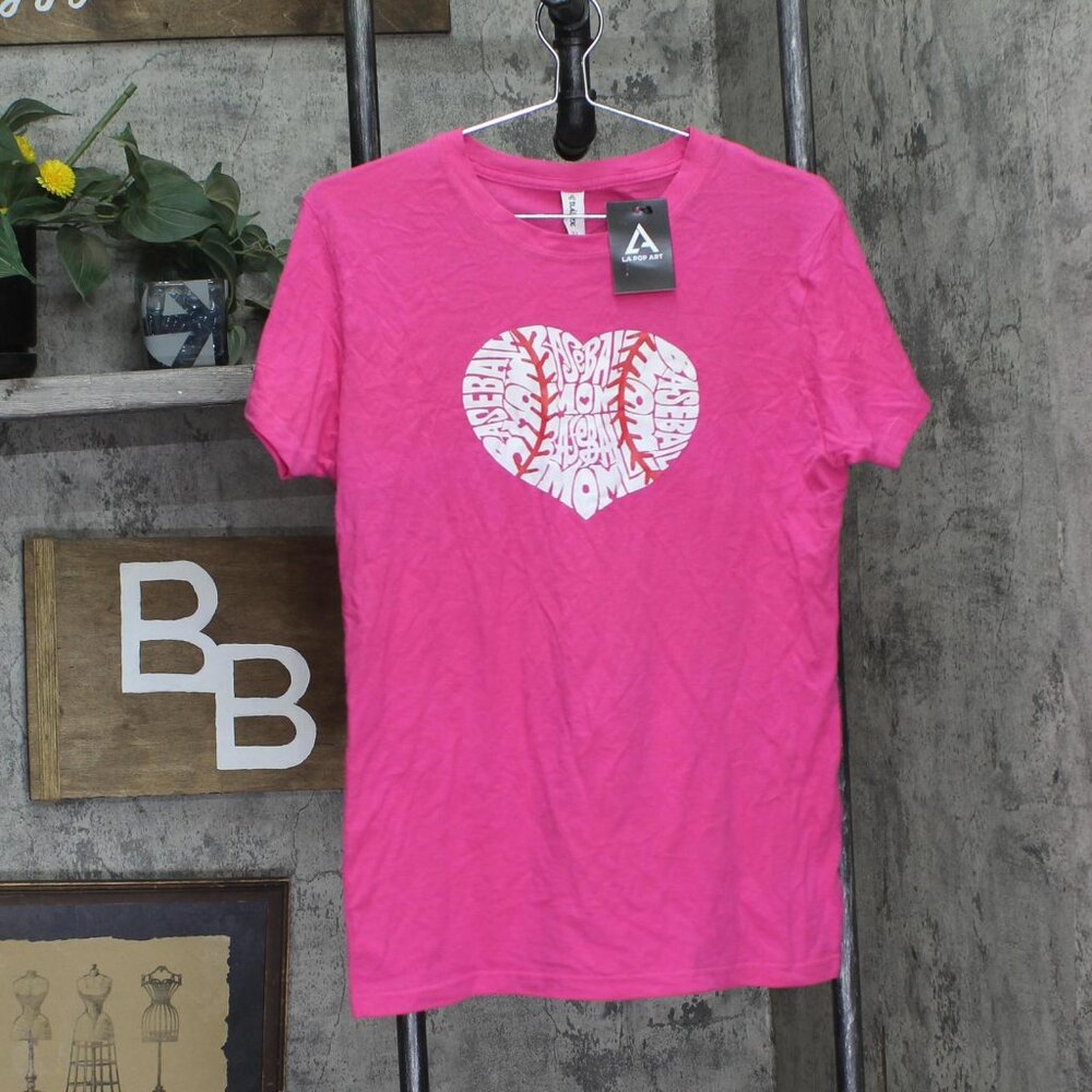 NWT La Pop Art Womens Heart Babeball Mom Graphic T-Shirt Tee Pink M